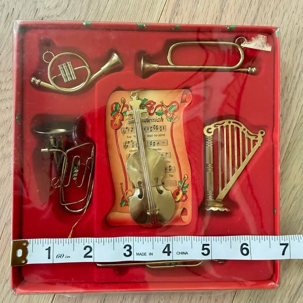 Vintage Brass‑Tone Miniature Musical Instrument Christmas Ornaments Set of 4